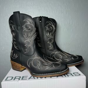 Dream Pairs Square-toe Western Short Cowgirl Boots, Black, US 8